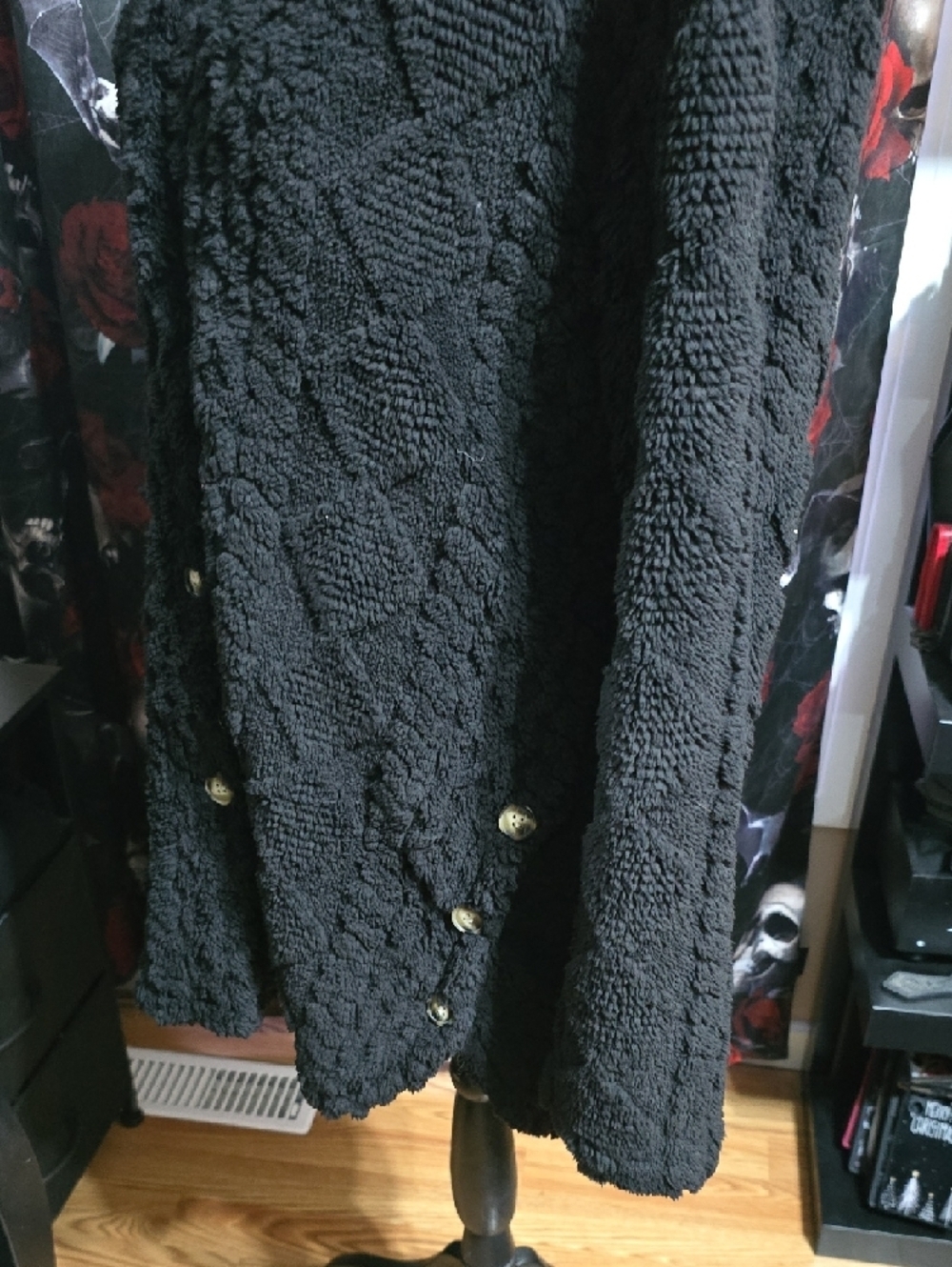Fluffy Black Button-Up Women's Hooded Cardigan Sweater - Picture 4 of 6